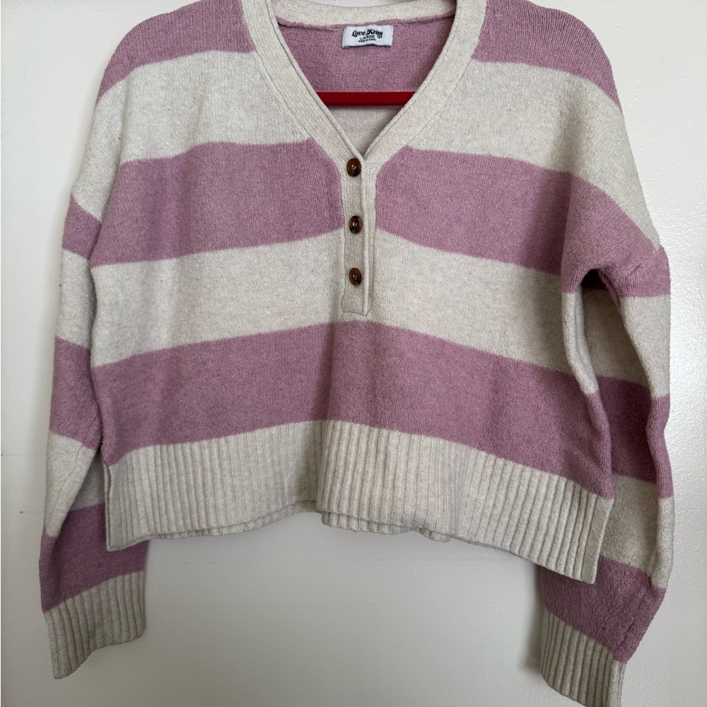 EUC Love Knits Polyester Pink Cream Stripe Crop Sweater Size Large